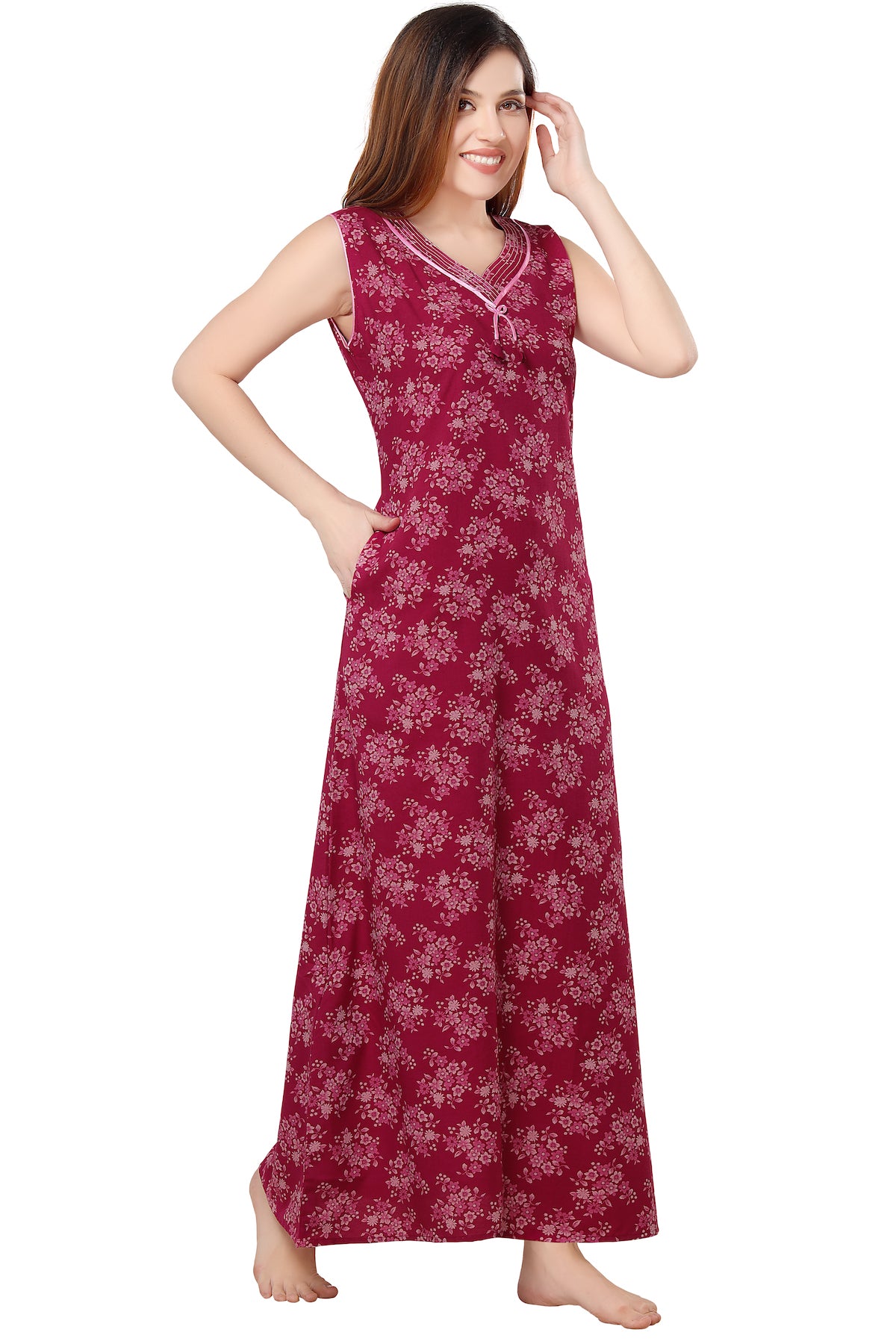 Floral Sleeveless Summer Night Gown - Pink