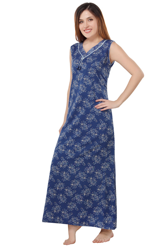 Floral Sleeveless Summer Night Gown - Blue