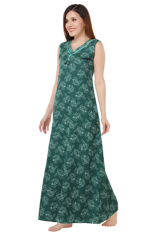 Floral Sleeveless Summer Night Gown - Green