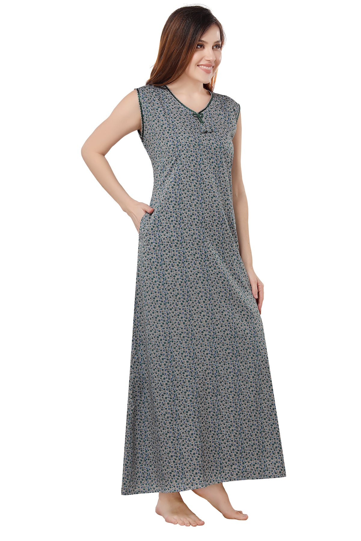 Floral Sleeveless Summer Night Gown - Green