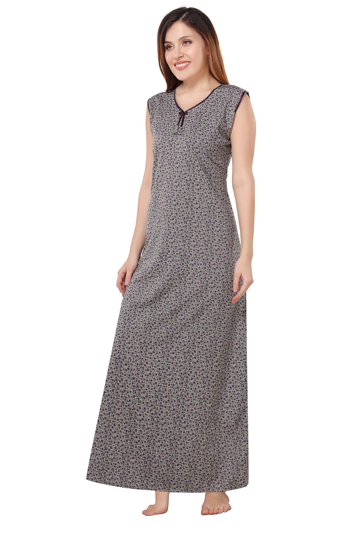 Floral Sleeveless Summer Night Gown - Purple