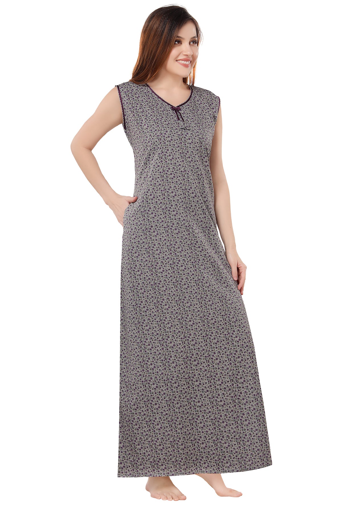 Floral Sleeveless Summer Night Gown - Purple