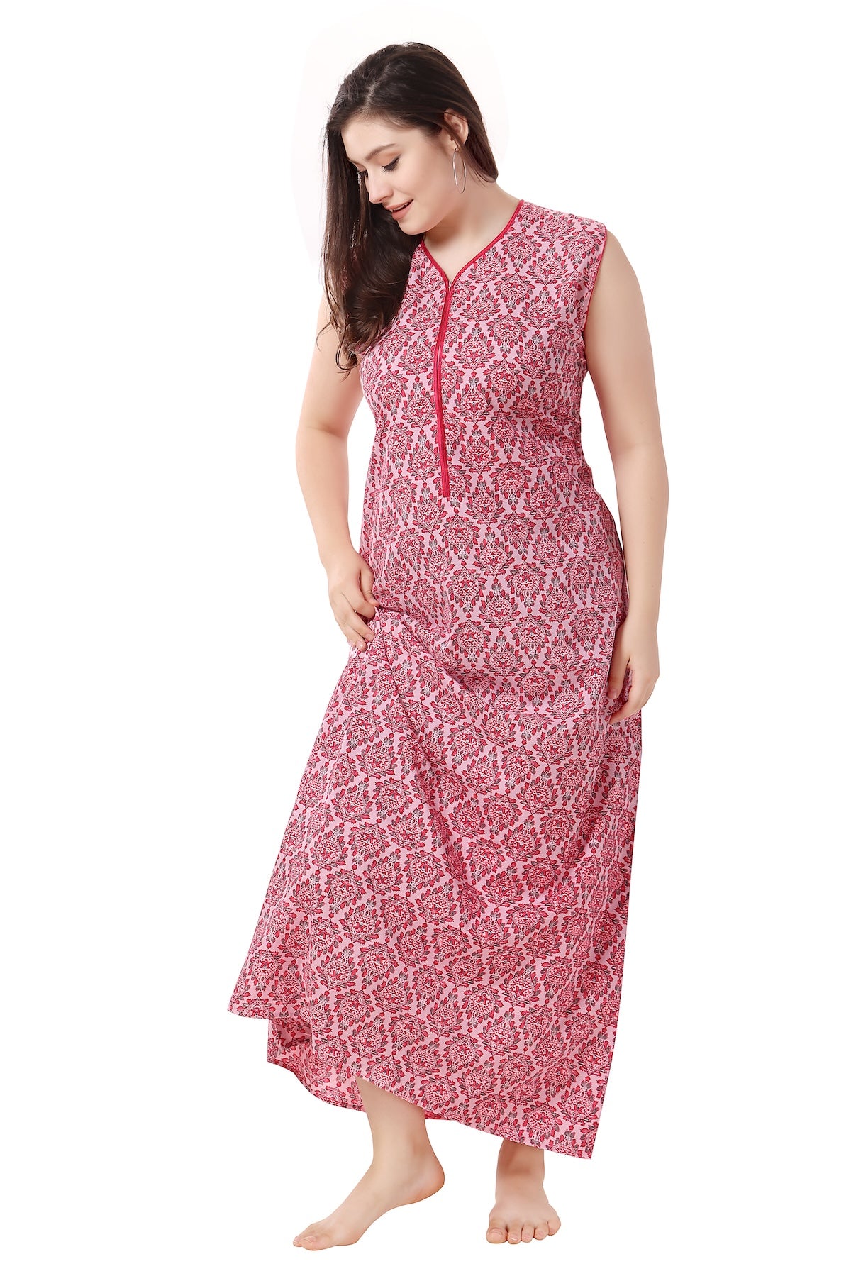 Floral Sleeveless Summer Night Gown - Pink