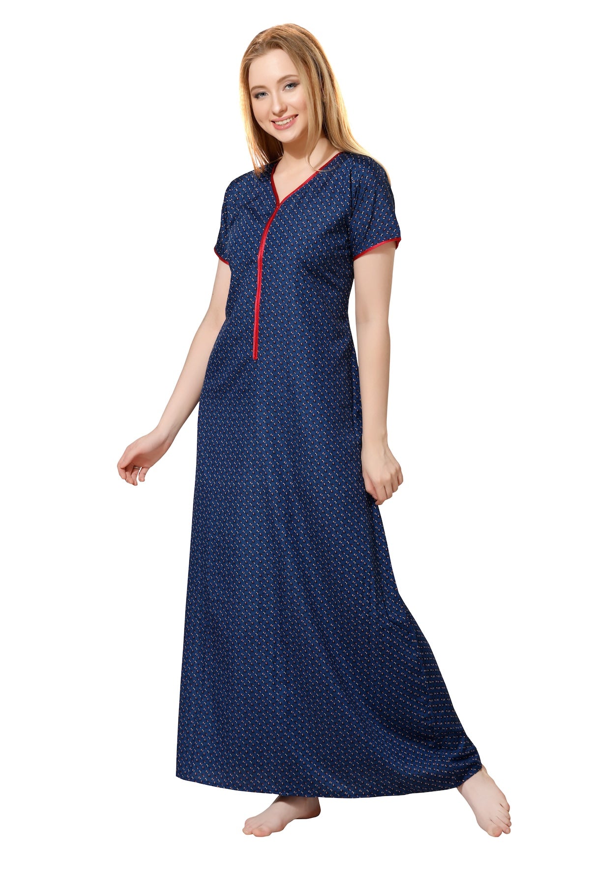 Front Zipper Printed Nighty - Blue