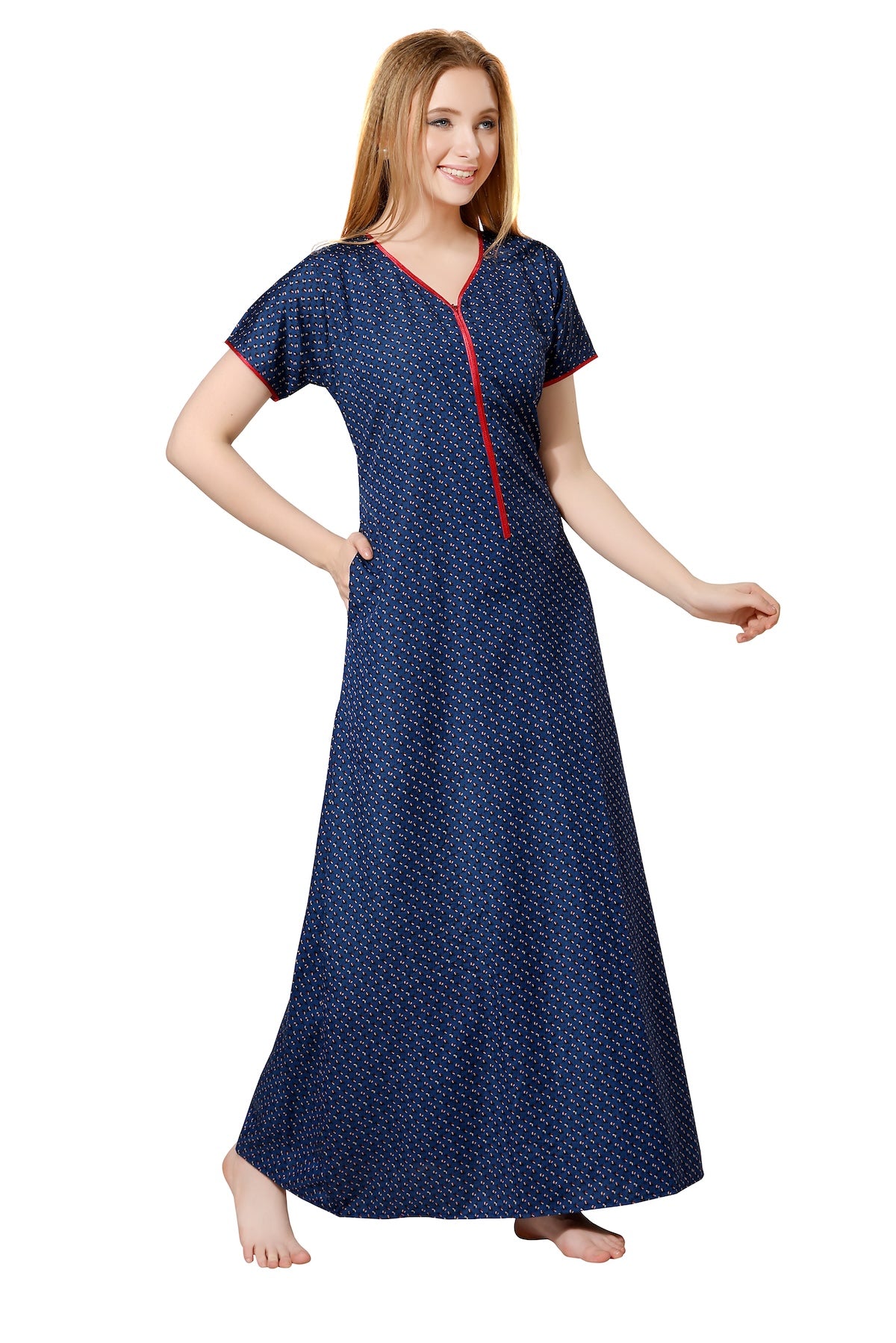 Front Zipper Printed Nighty - Blue
