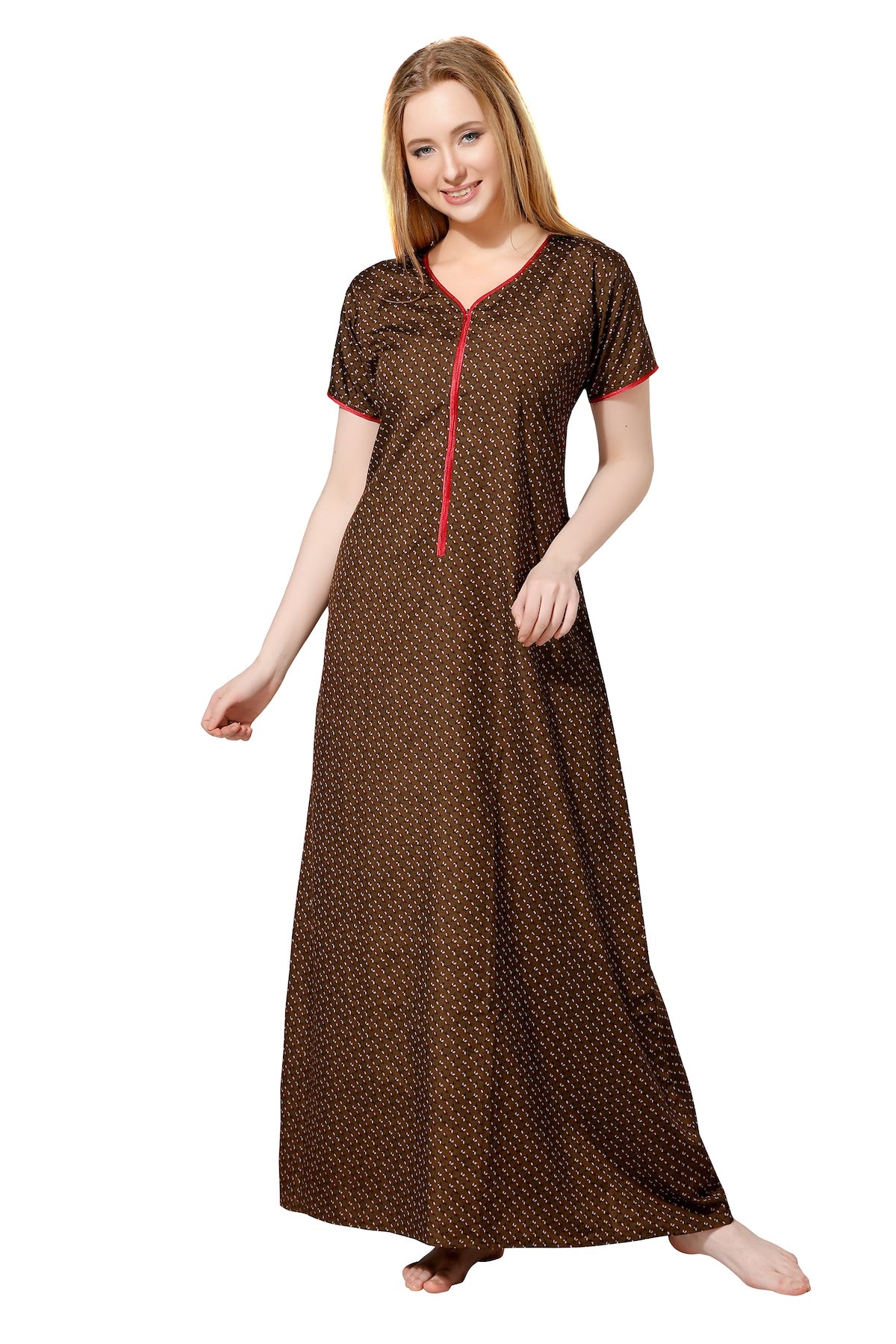 Front Zipper Printed Nighty - Brown