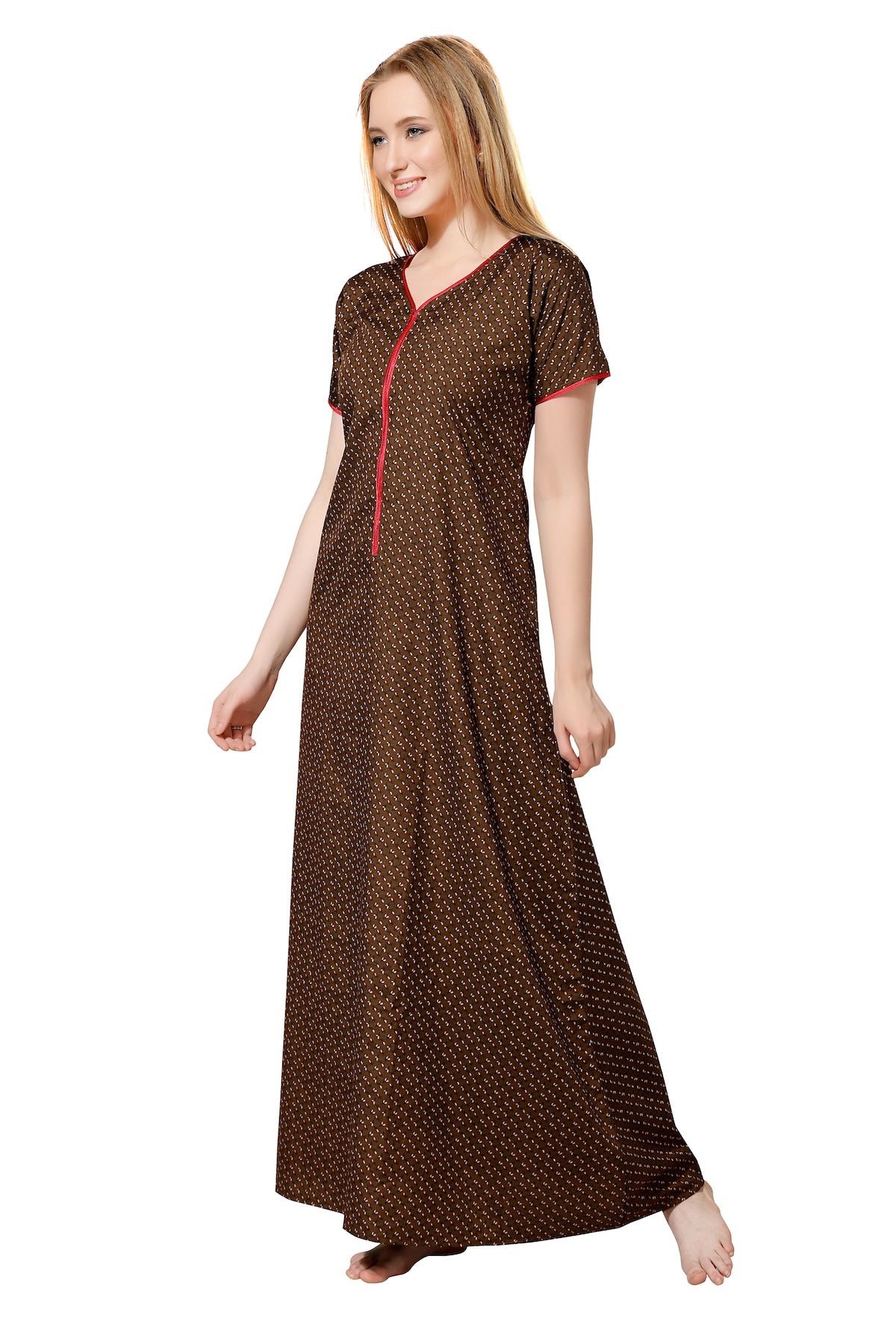 Front Zipper Printed Nighty - Brown