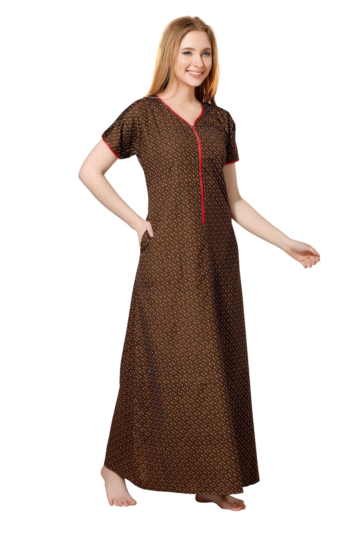 Front Zipper Printed Nighty - Brown