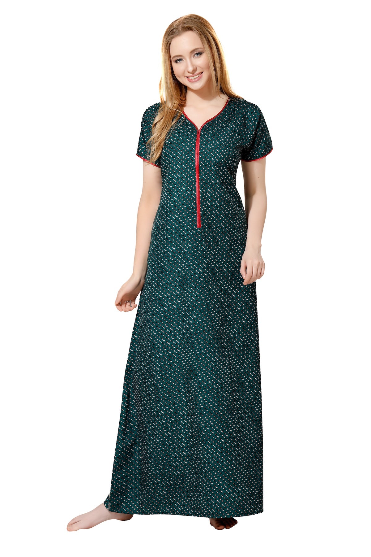 Front Zipper Printed Nighty - Brown
