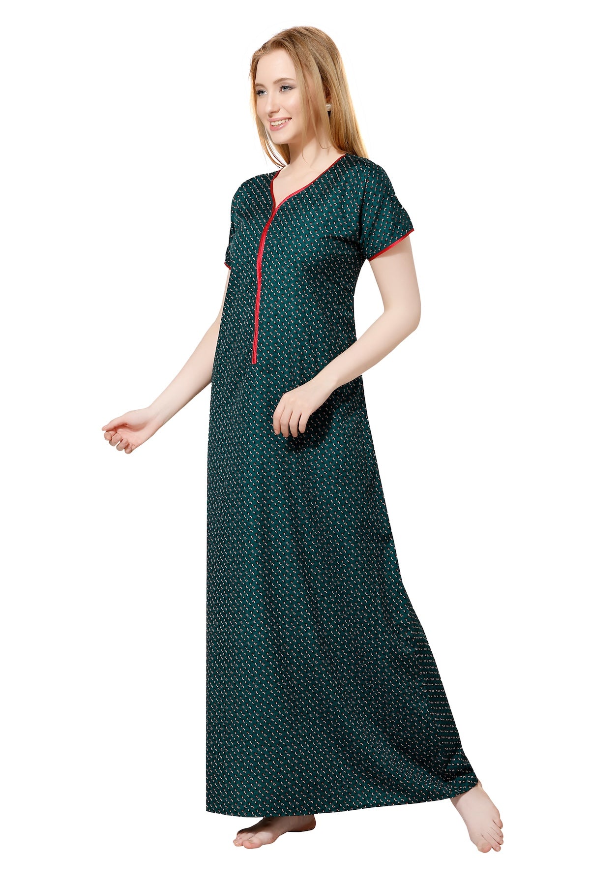 Front Zipper Printed Nighty - Brown