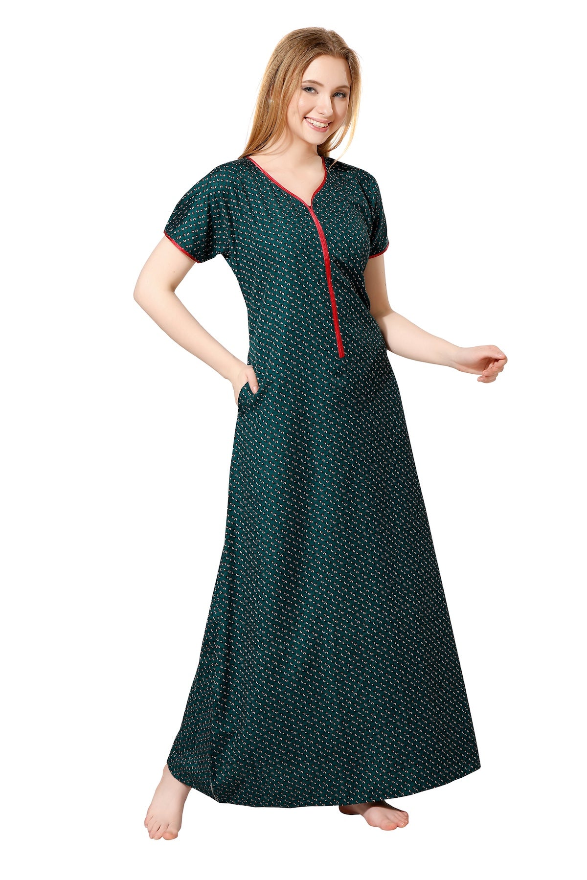 Front Zipper Printed Nighty - Brown