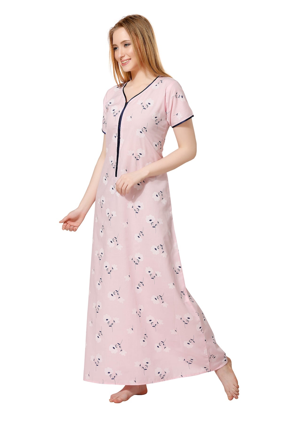 Front Zipper Printed Nighty - Pink