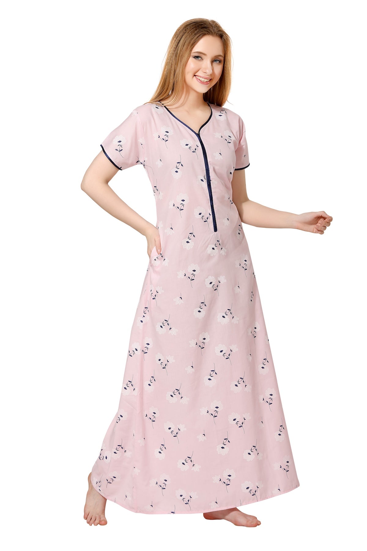 Front Zipper Printed Nighty - Pink