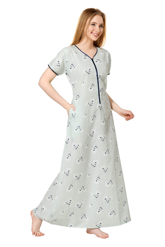 Front Zipper Printed Nighty - Green