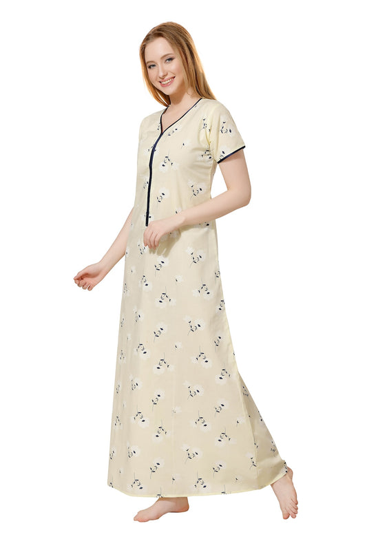 Front Zipper Printed Nighty - Lime