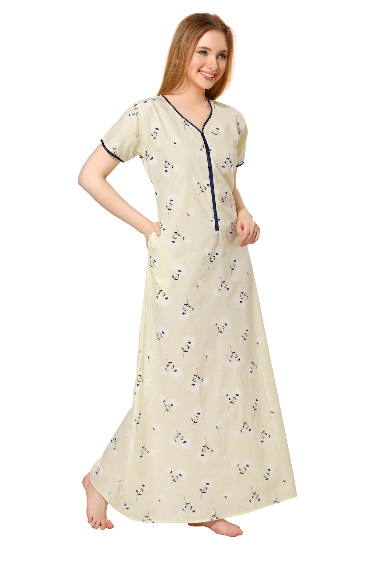 Front Zipper Printed Nighty - Lime