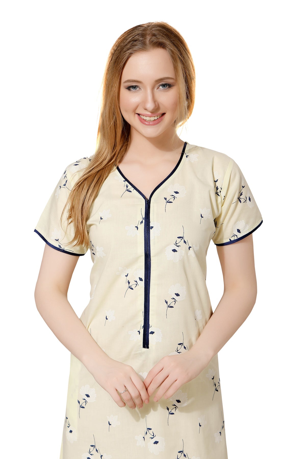 Front Zipper Printed Nighty - Lime