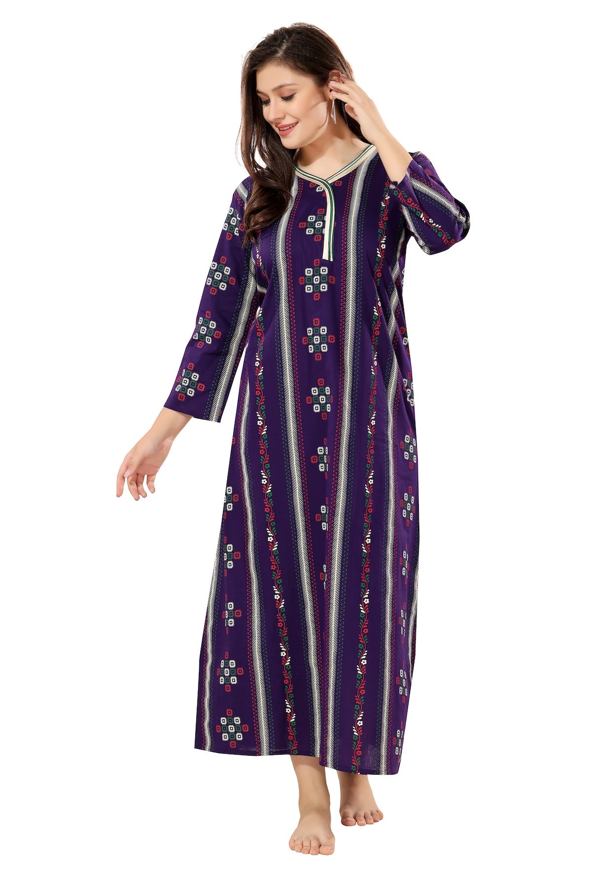 Printed Full Sleeves Nighty - Purple