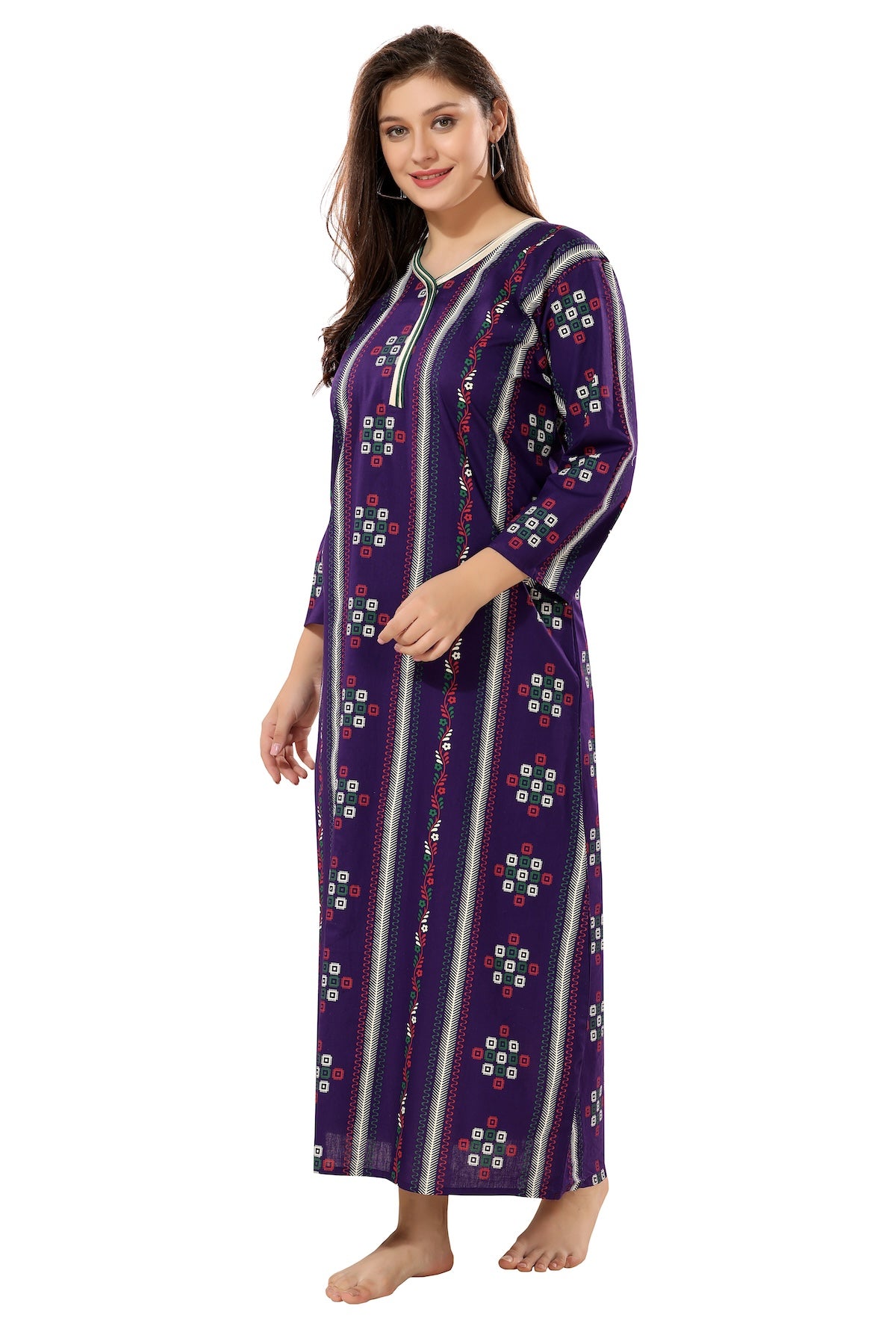 Printed Full Sleeves Nighty - Purple