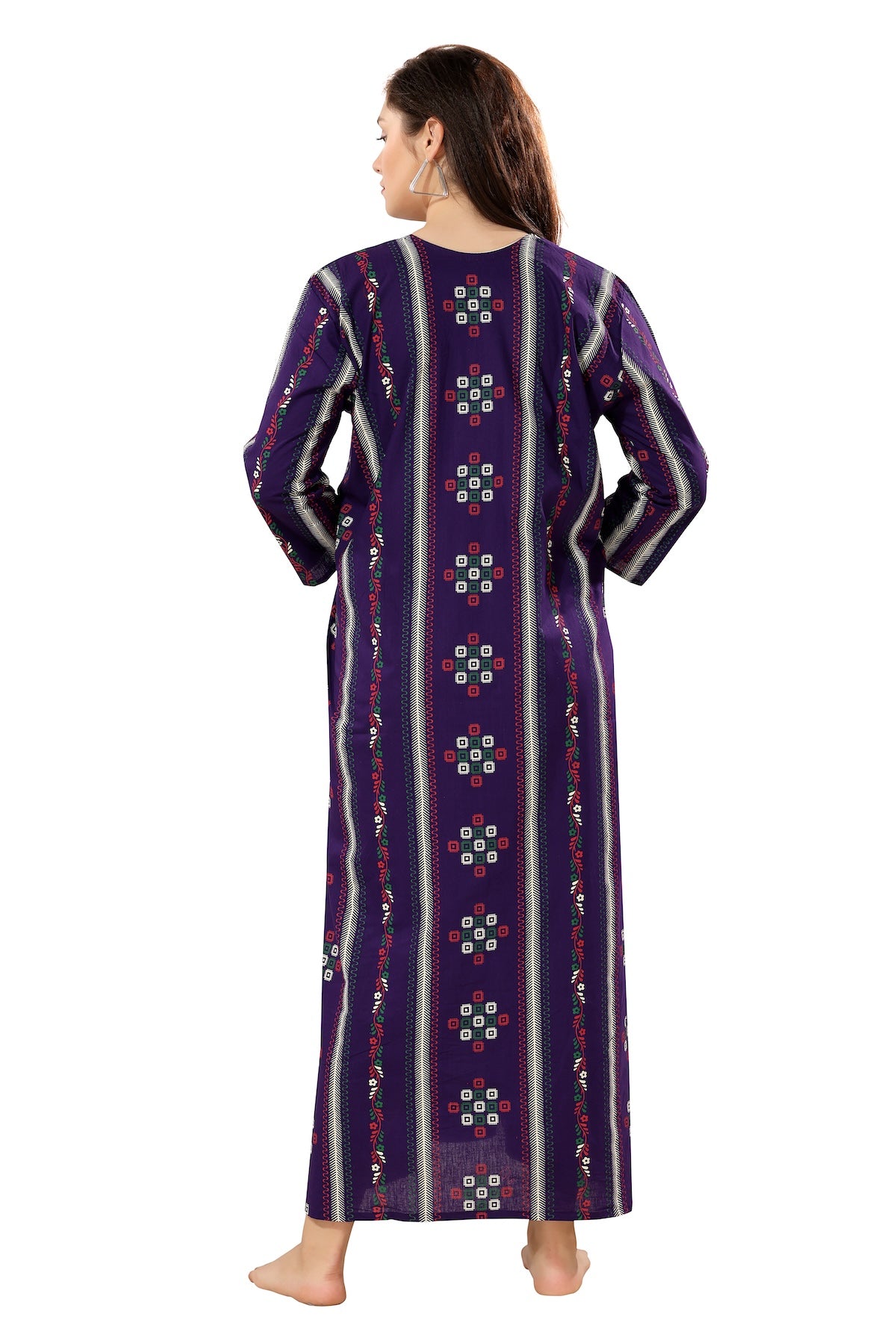 Printed Full Sleeves Nighty - Purple