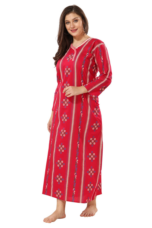 Printed Full Sleeves Nighty - Red