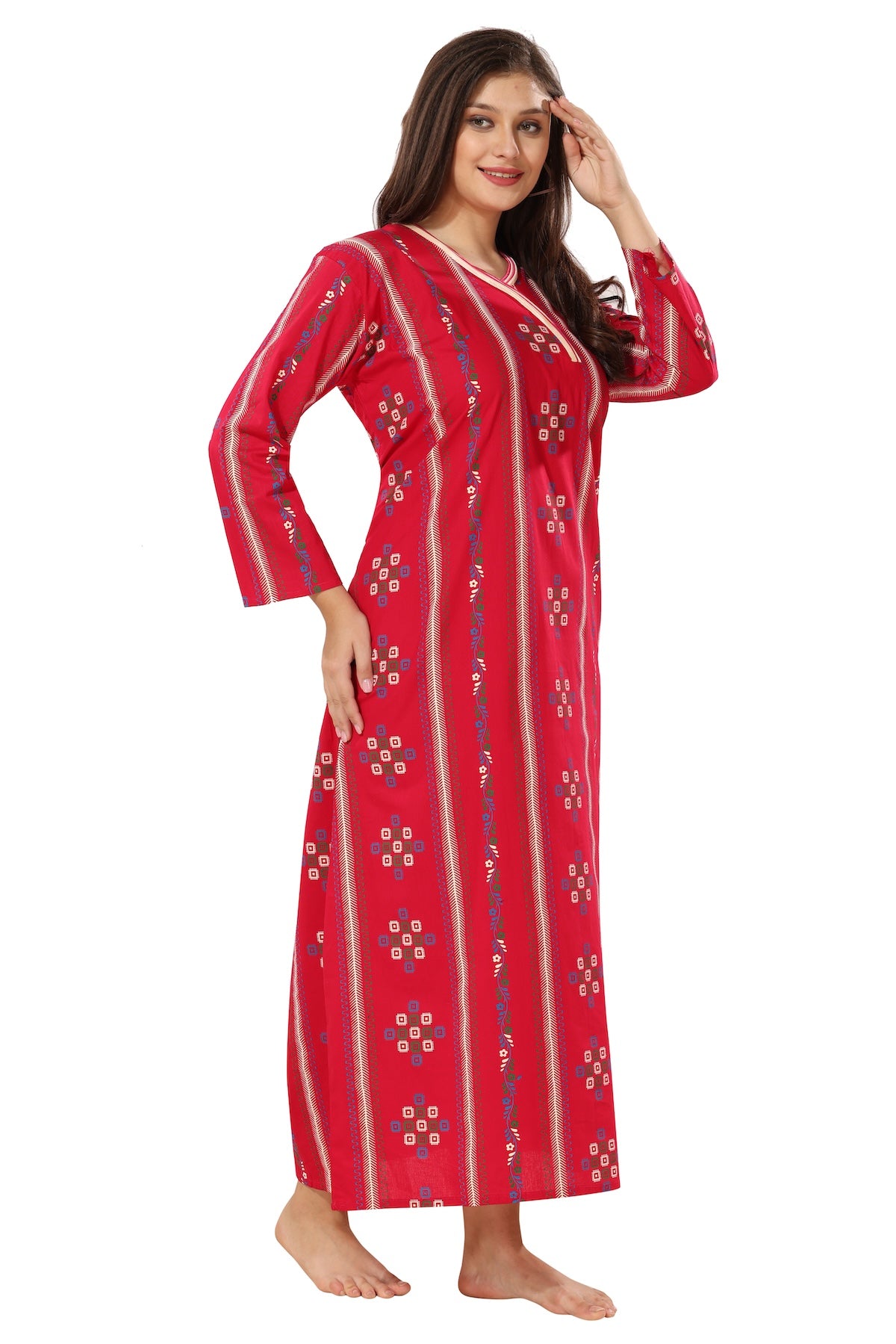 Printed Full Sleeves Nighty - Red