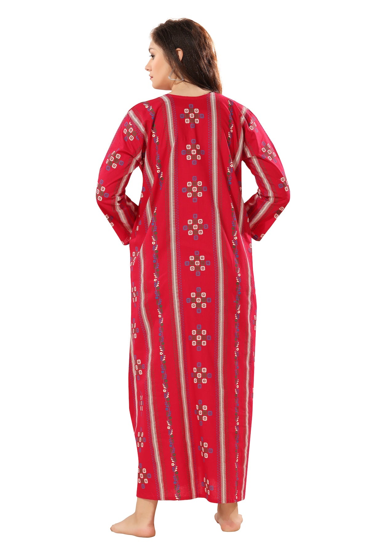 Printed Full Sleeves Nighty - Red