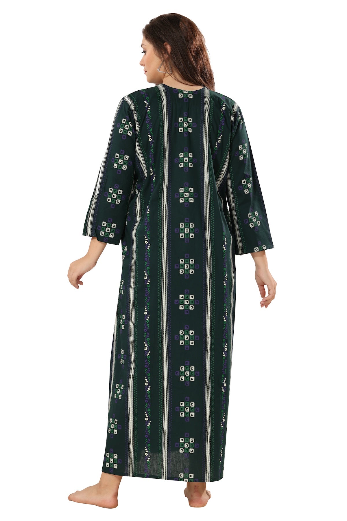 Printed Full Sleeves Nighty - Green