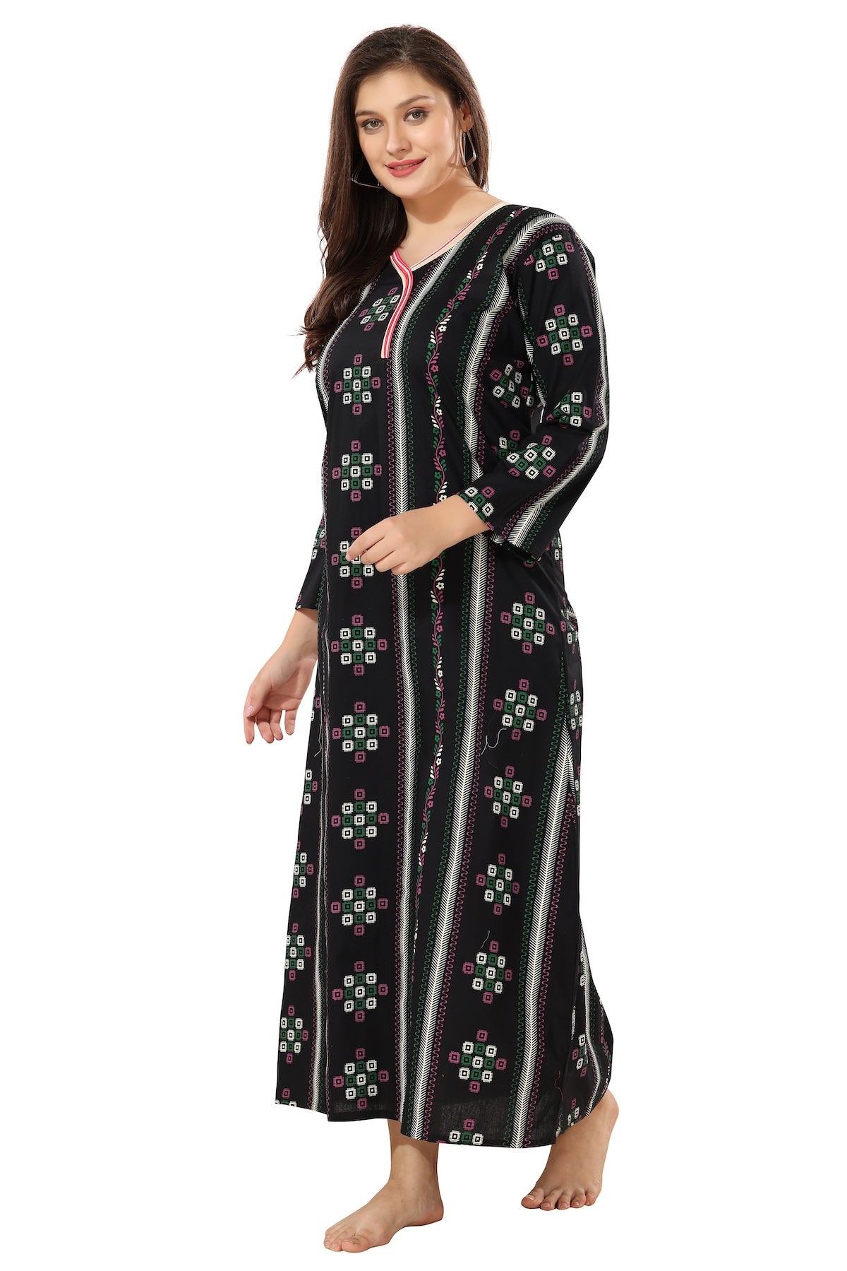Printed Full Sleeves Nighty - Black