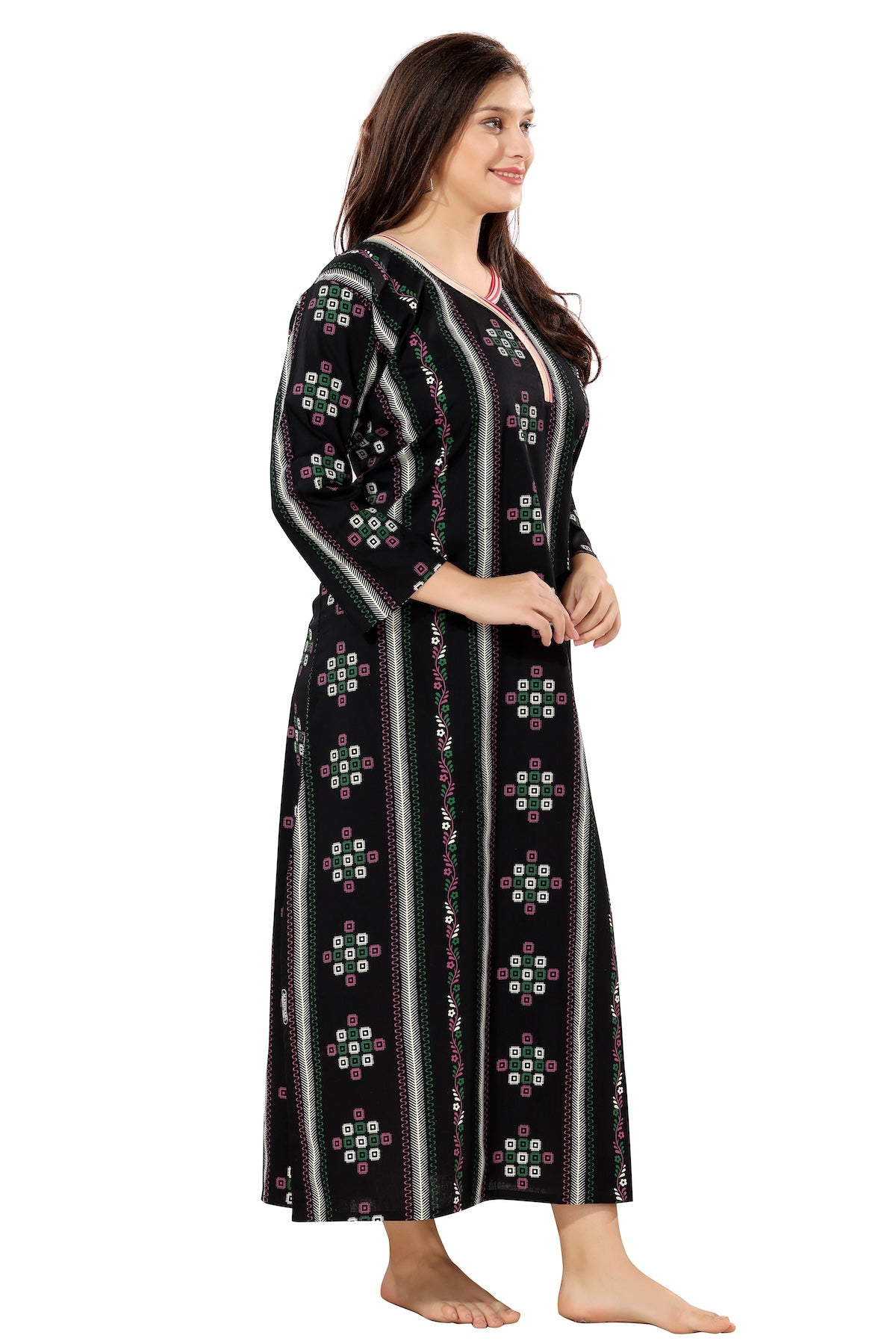 Printed Full Sleeves Nighty - Black