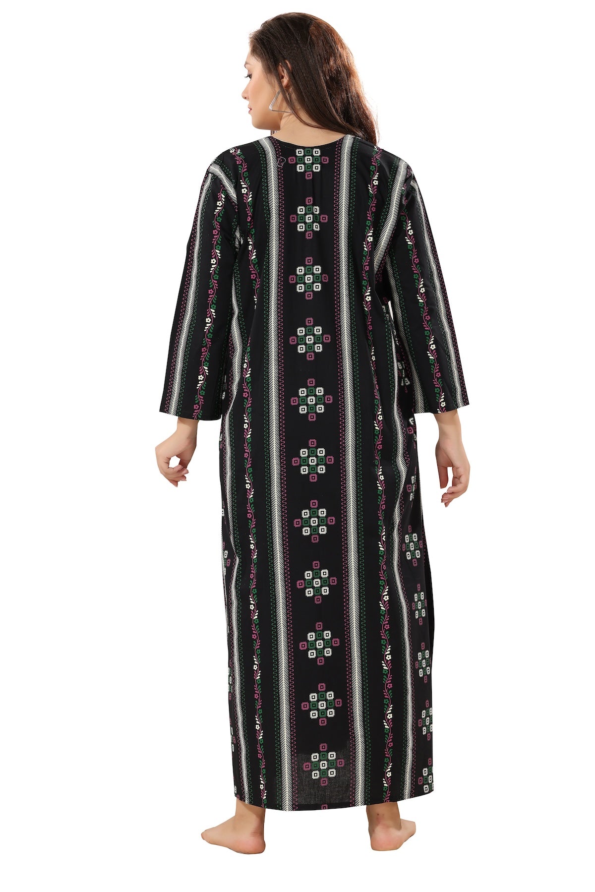 Printed Full Sleeves Nighty - Black