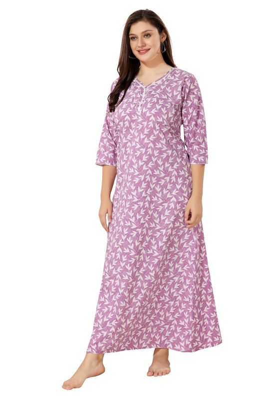Floral Full Sleeves Night Gown - Purple