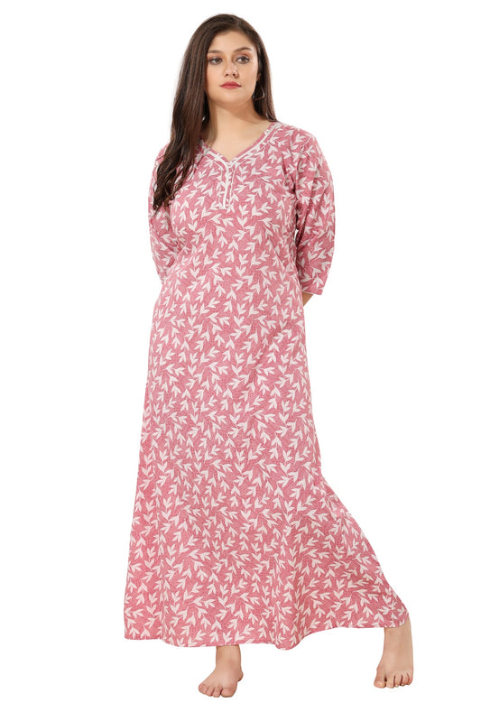 Floral Full Sleeves Night Gown - Peach