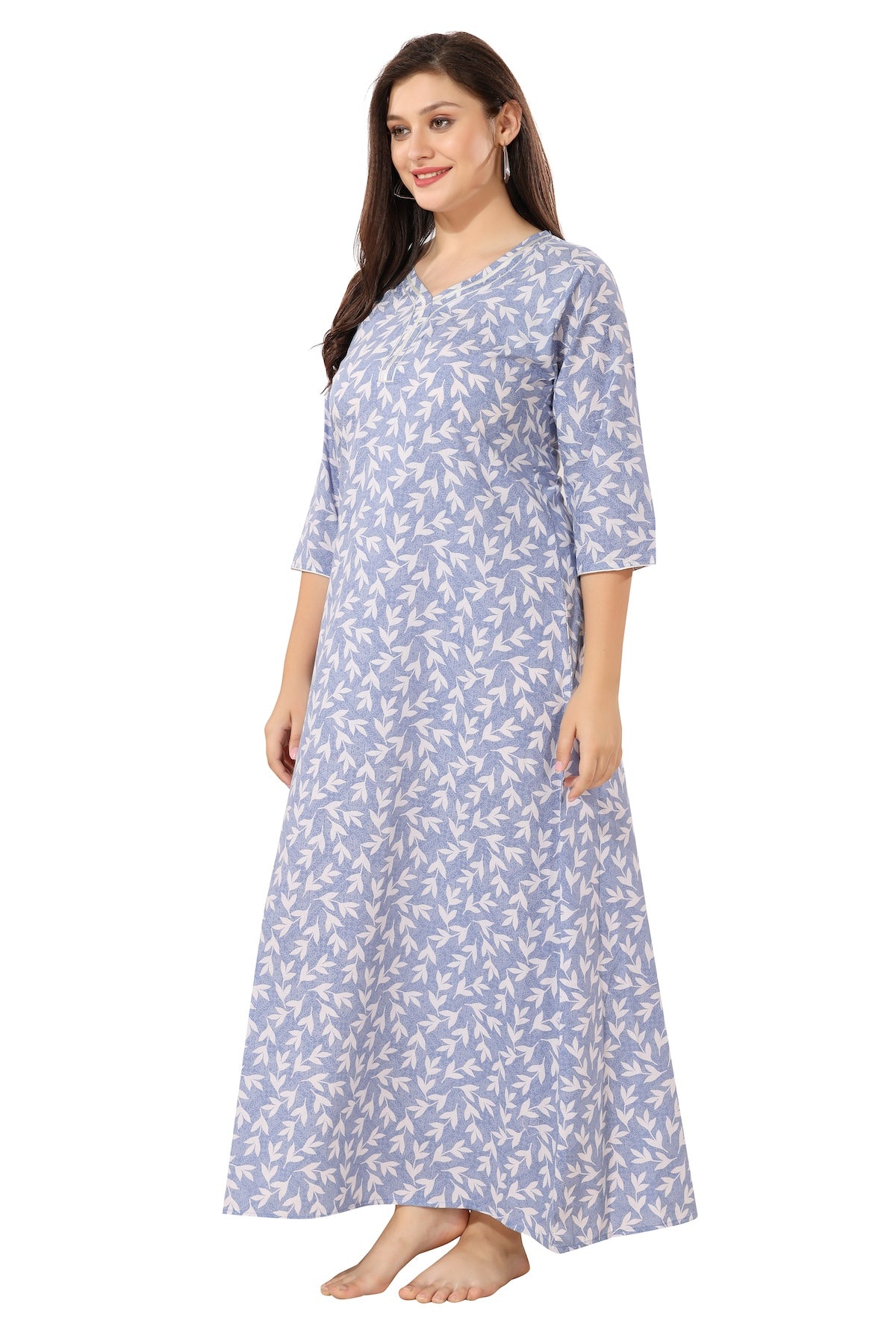 Floral Full Sleeves Night Gown - Blue