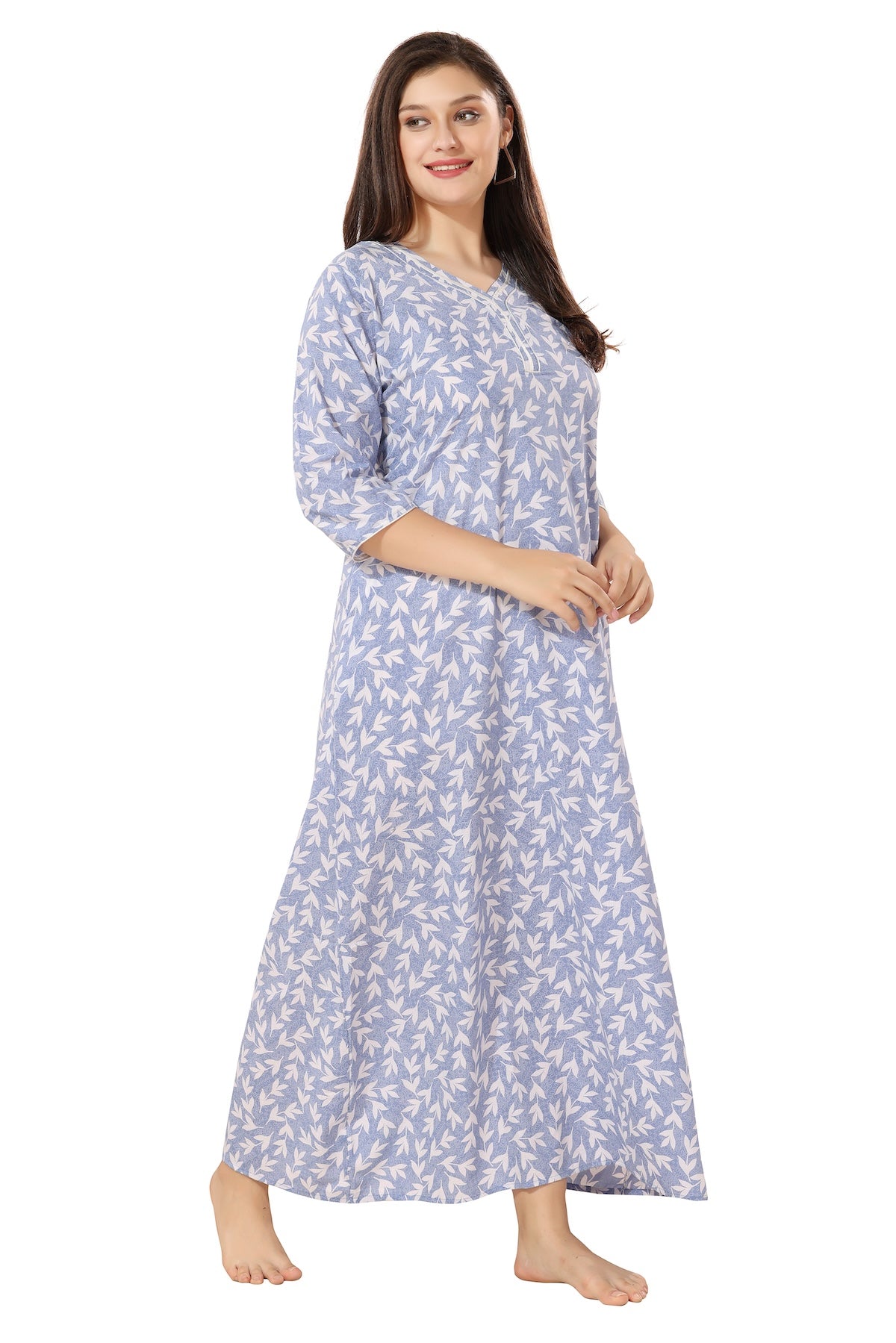 Floral Full Sleeves Night Gown - Blue