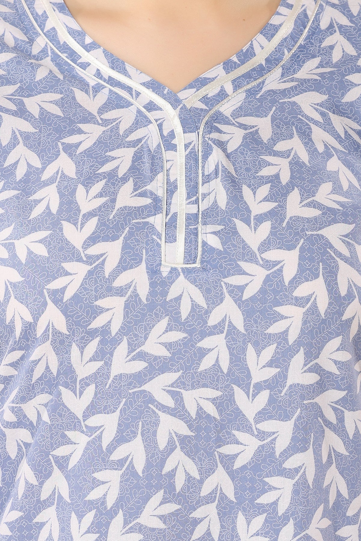 Floral Full Sleeves Night Gown - Blue