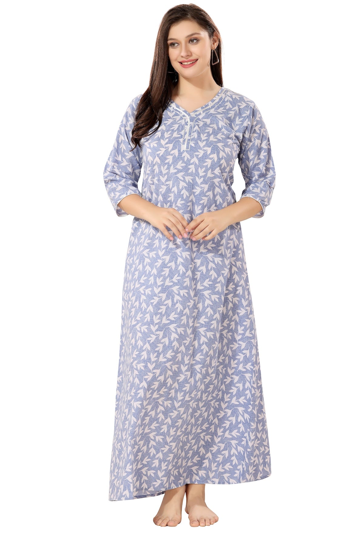Floral Full Sleeves Night Gown - Blue