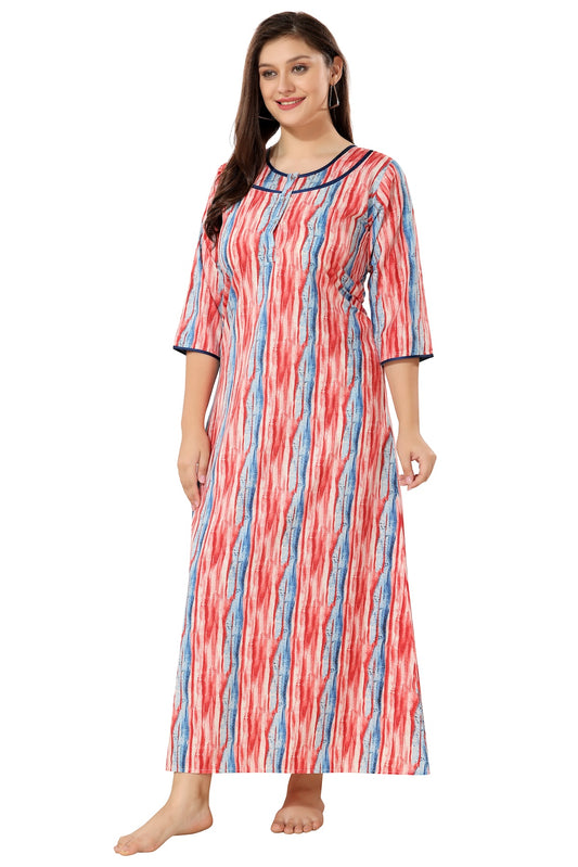 Floral Full Sleeves Night Gown - Red