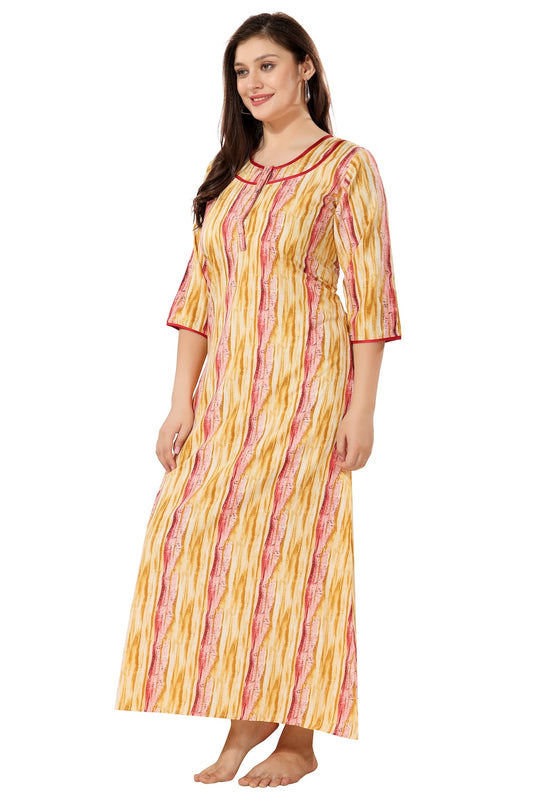 Floral Full Sleeves Night Gown - Yellow