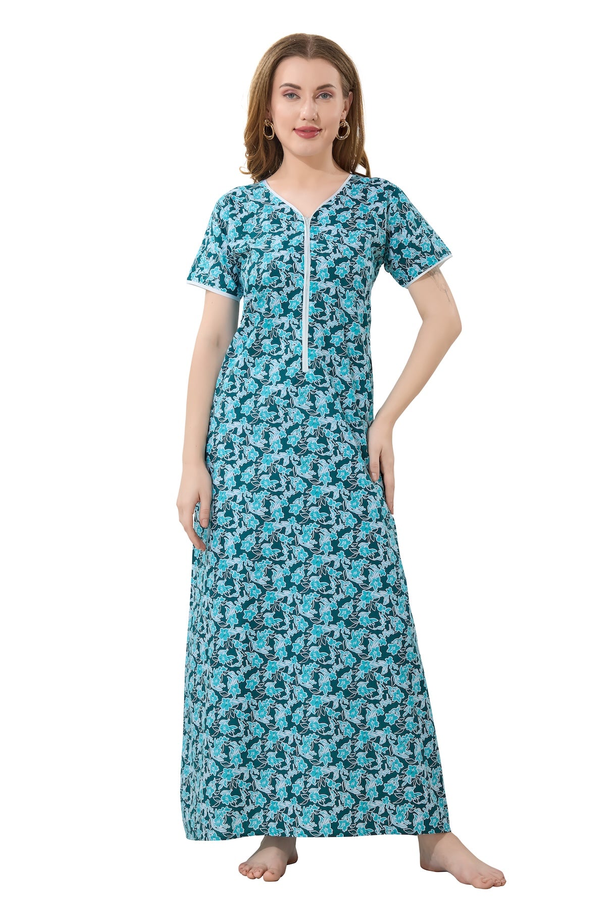 Front Zipper Cotton Night Gown - Green