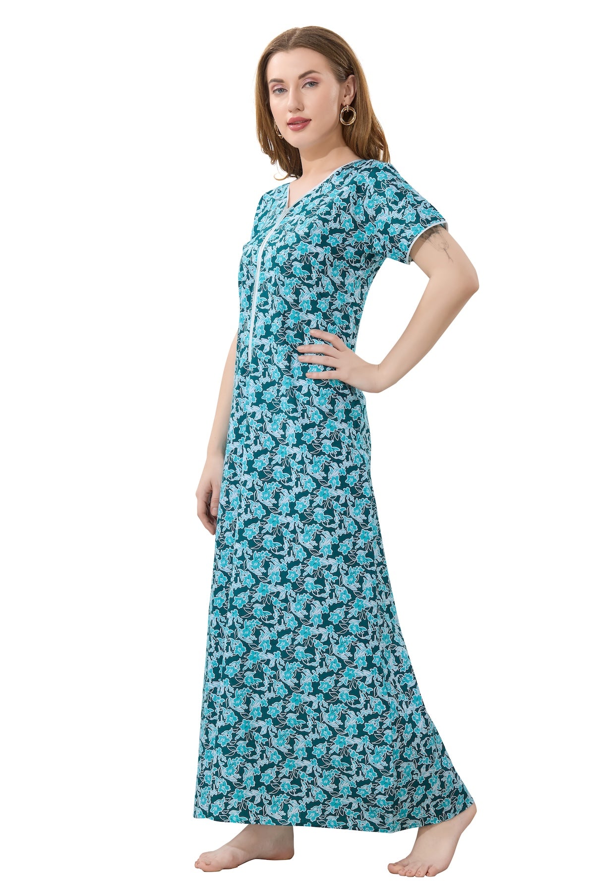 Front Zipper Cotton Night Gown - Green