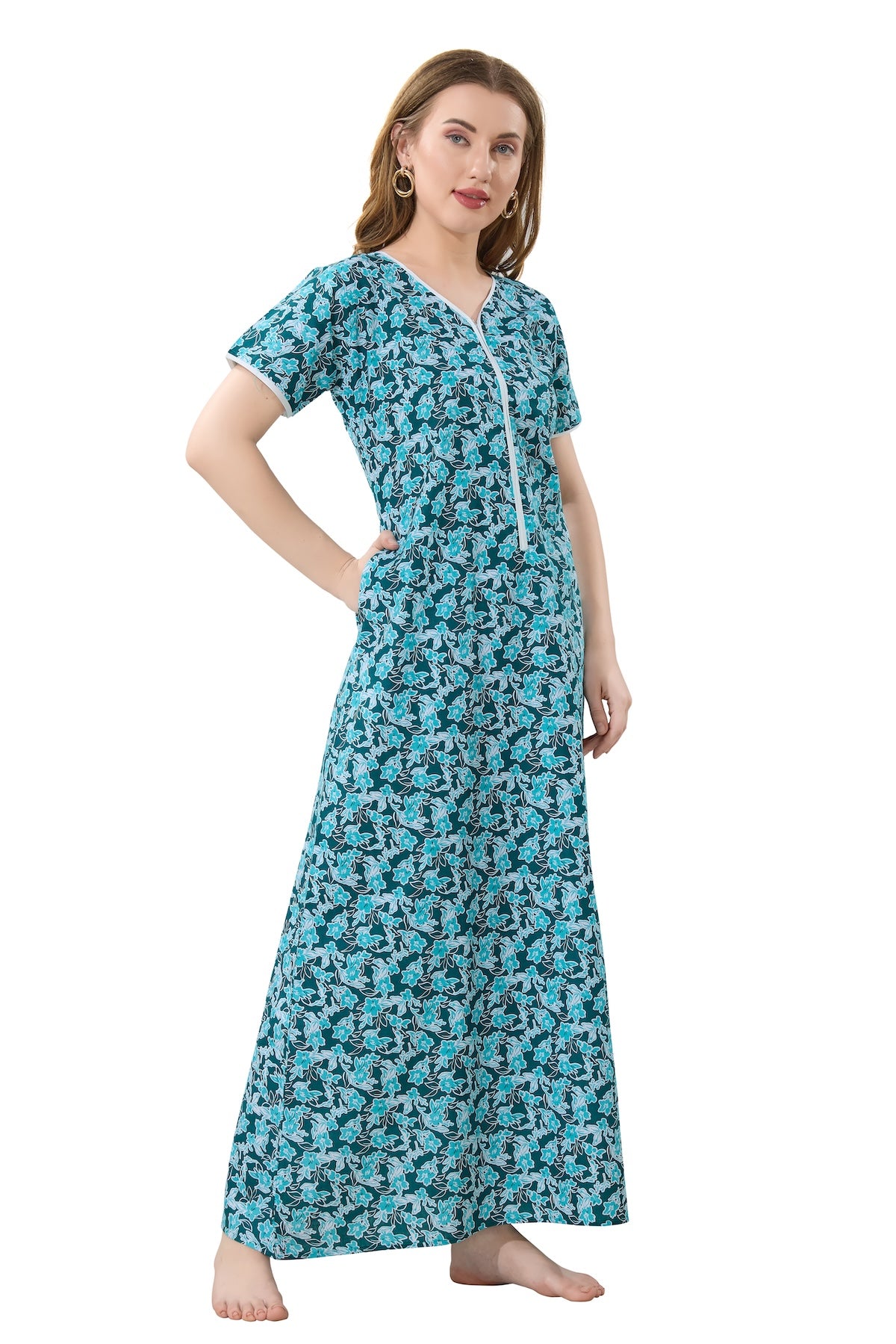 Front Zipper Cotton Night Gown - Green