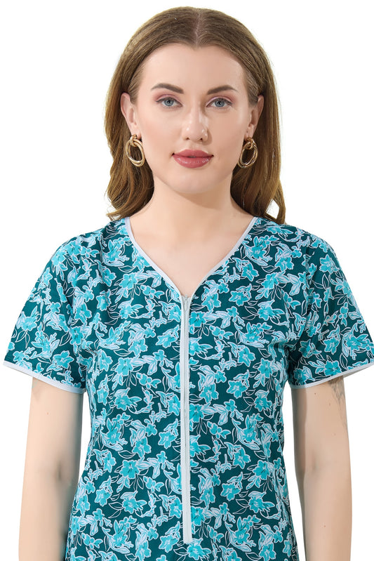 Front Zipper Cotton Night Gown - Green