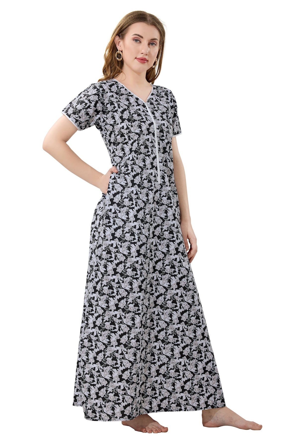 Front Zipper Cotton Night Gown - Black