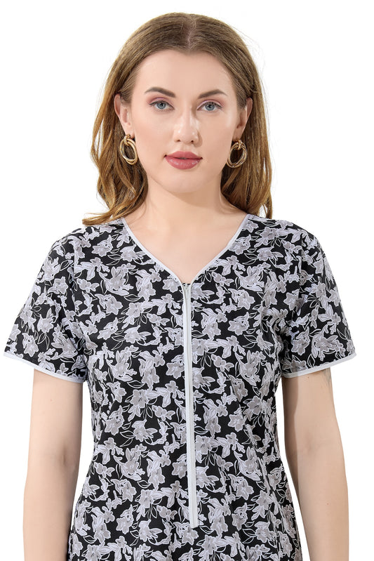 Front Zipper Cotton Night Gown - Black