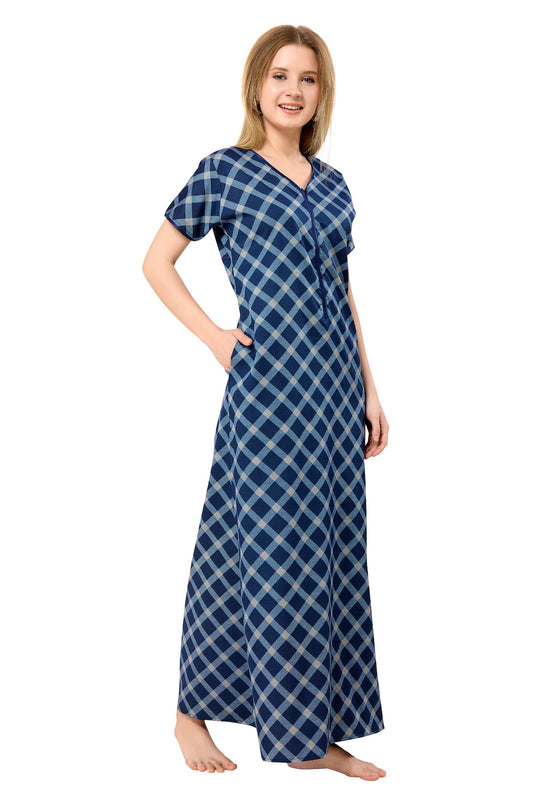 Front Zipper Cotton Night Gown - Blue