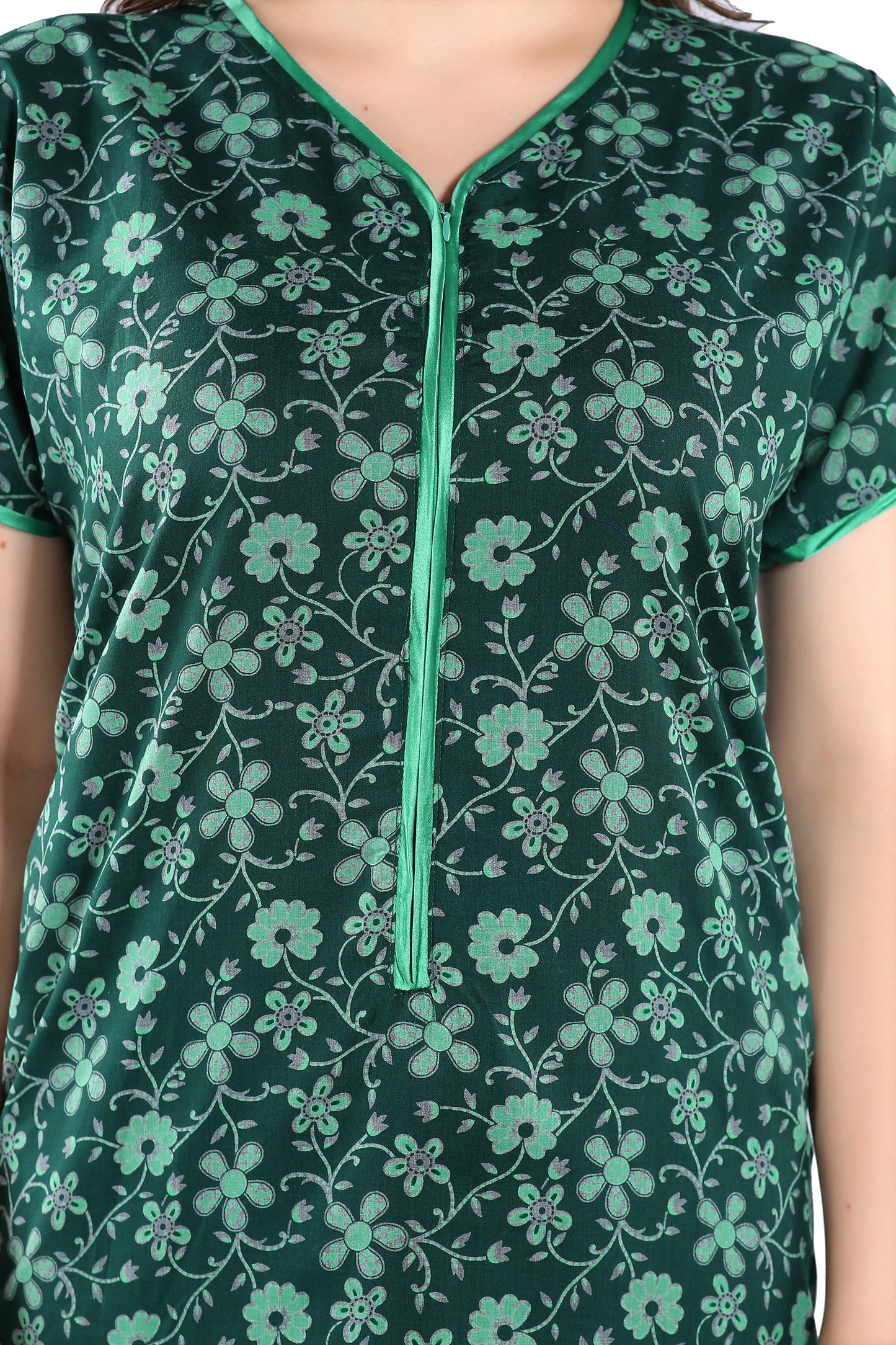 Floral Printed Front Zipper Nighty