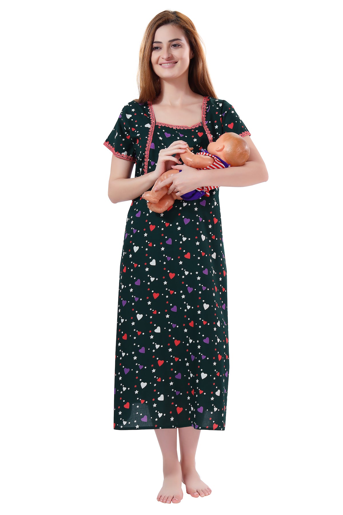 Pritned Hearts Feeding Gown Green