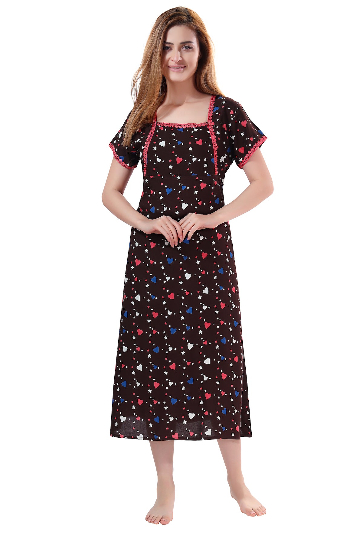 Pritned Hearts Feeding Gown Brown
