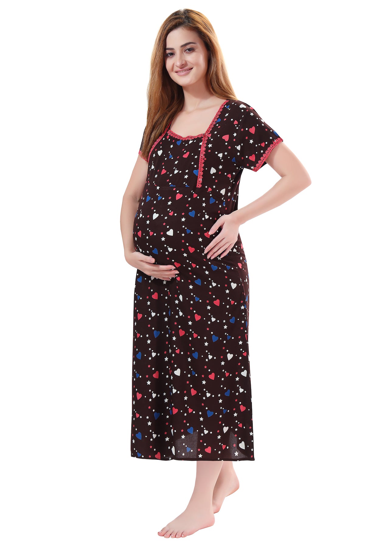 Pritned Hearts Feeding Gown Brown